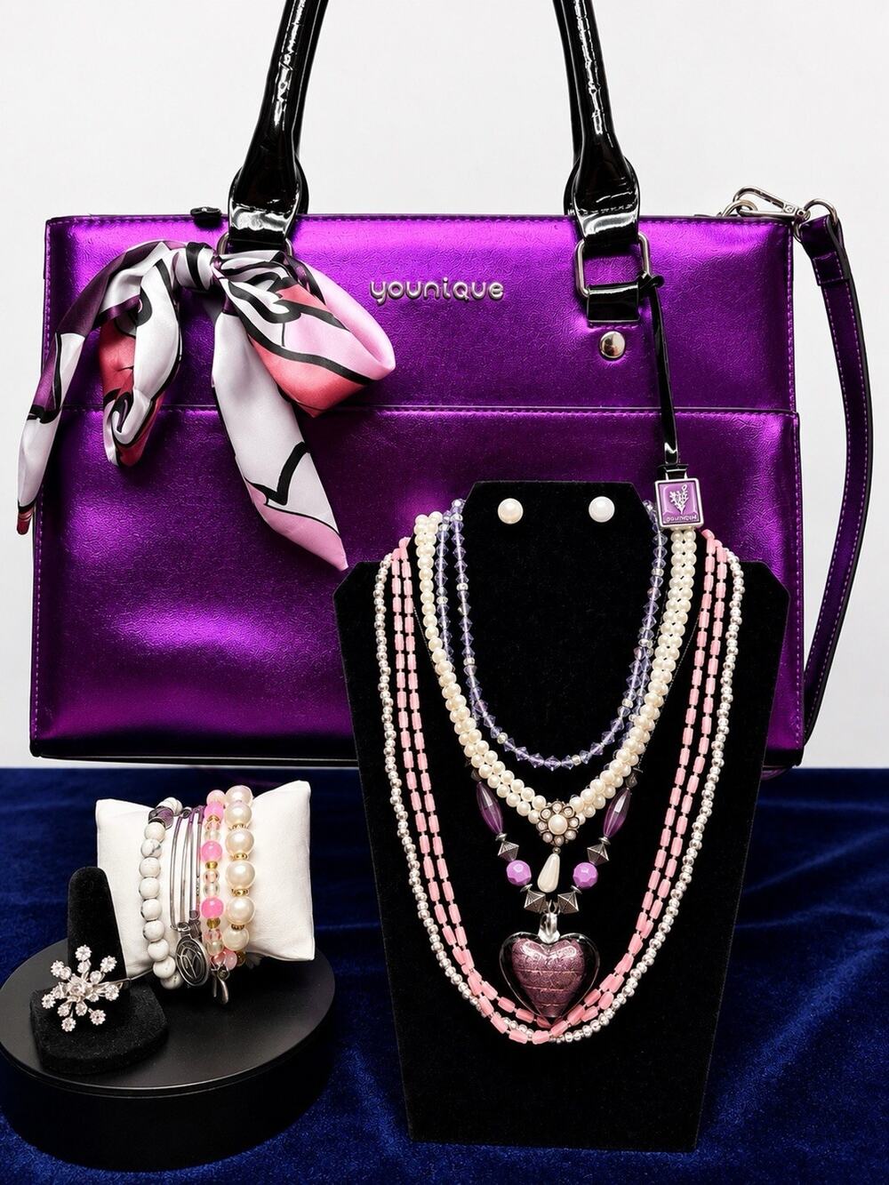 Purple Glam Work Bag Jewelry Bundle Younique Tote Ring Sz 8 Necklace Set